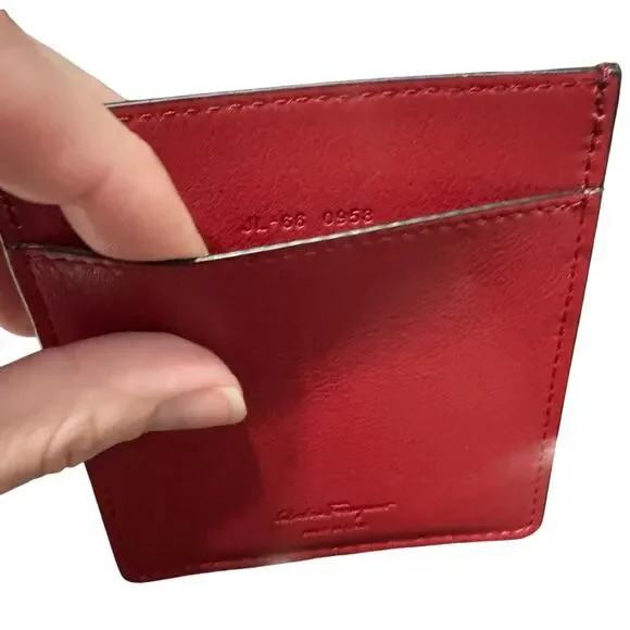 NWT Auth Salvatore Ferragamo Gancini Black Red Leather Card Case Holder